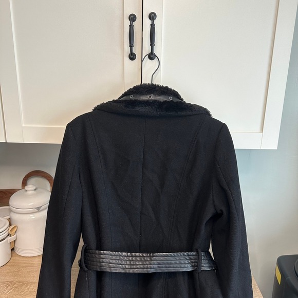 Y2K GUESS Wool Blend Belted Trench Coat Faux Fur Leather Moto Chic Mob Wife Sz L - Picture 11 of 14